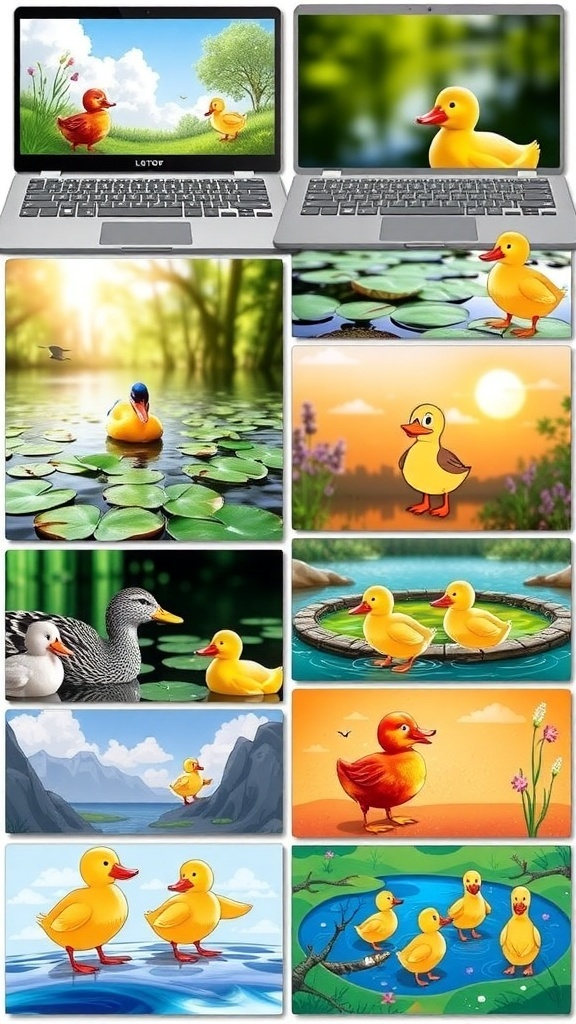 A selection of colorful duck-themed wallpapers for laptops, showcasing ducks in various natural settings.